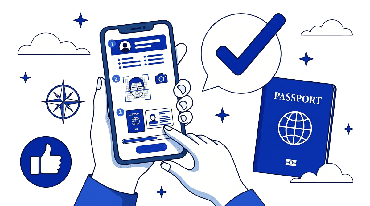 Online passport application: guided steps on a phone with identity verification